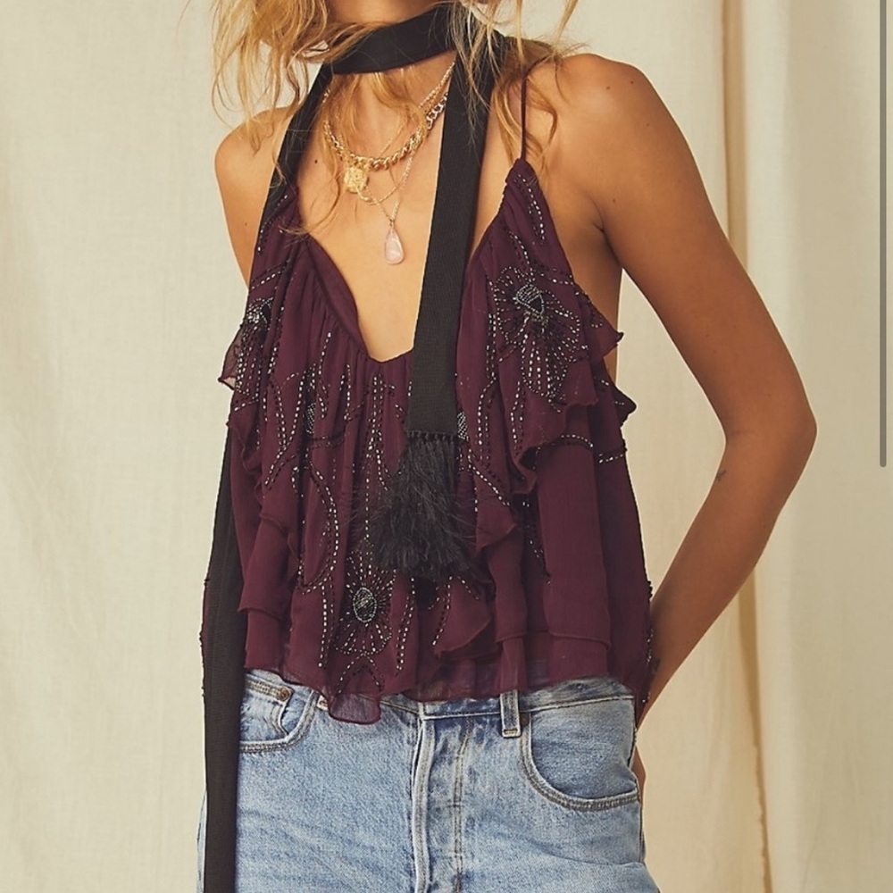 Beaded Burgundy Ruffle Top